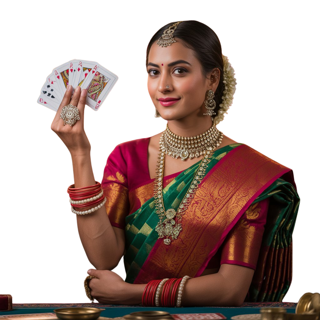 AV Matka Gaming - Elegant Indian woman in traditional saree with gold jewelry holding playing cards